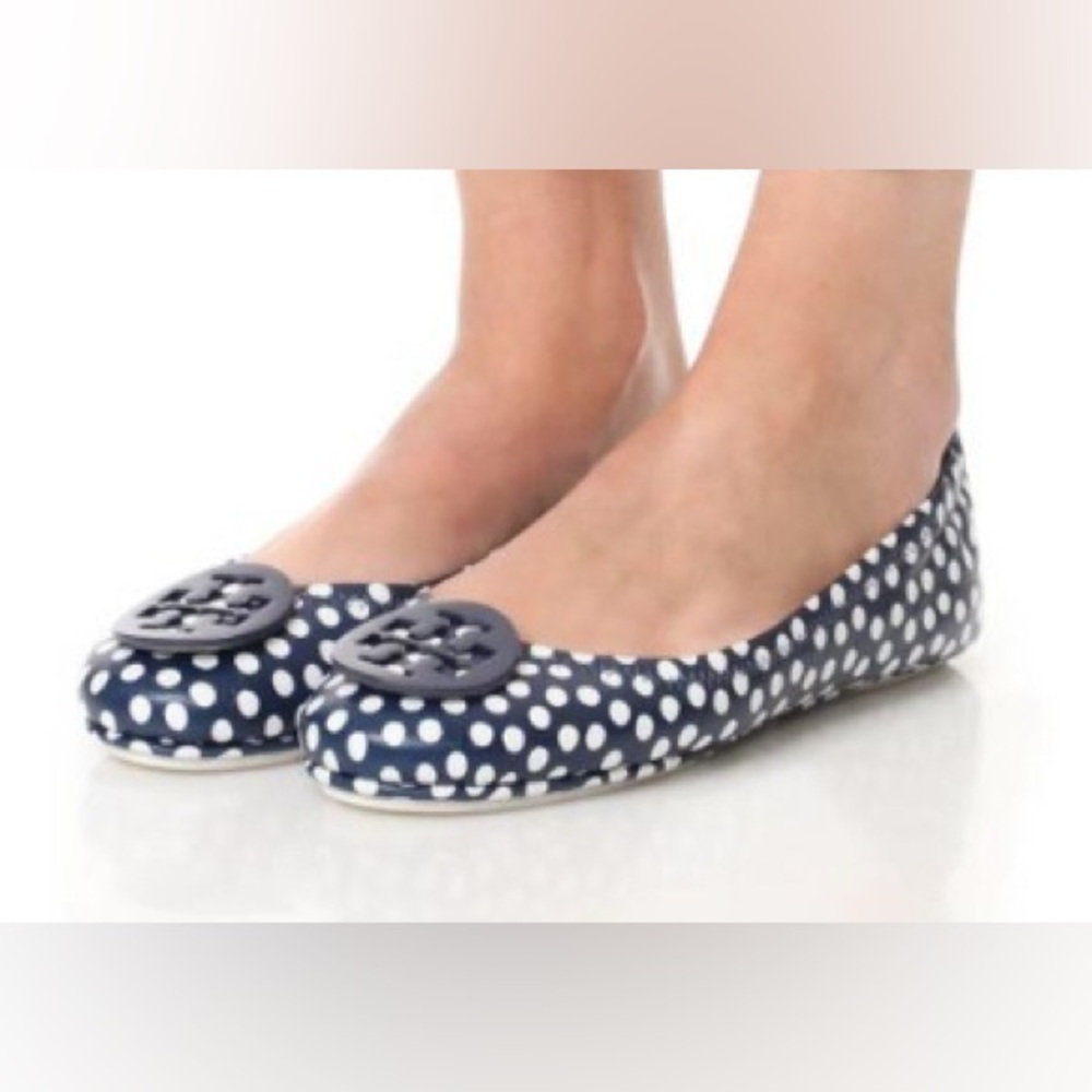 Tory Burch Navy and White Polka Dot Minnie Ballet Flats